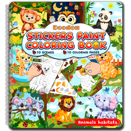 Animal Habitats Sticker Book, Crafts for Kids Age 4-8, Paint by Number Sticker Book and Coloring Pad, Fun Sticker Puzzle, 10 Scenes, Party Favor, Road Trip Must Haves for Car, Plane Rides