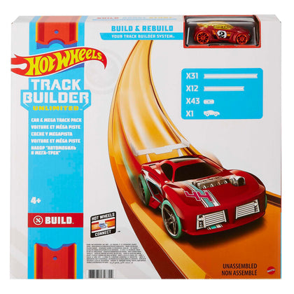 Hot Wheels Track Builder Car & Mega Track Pack, 87 Component Parts for 40-ft of Track & 1:64 Scale Toy Car