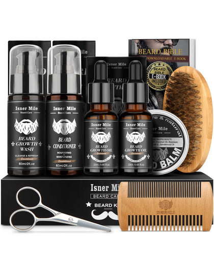 Beard Grooming Kit, Beard Kit with 2 Pack Beard Original Oil, Beard Brush, Wash Conditioner for After Shave Lotions- Sandalwood,Balm,Combs, Christmas Fathers Gifts for Men