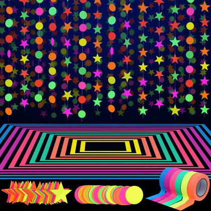 127ft Neon Party Supplies Set, 6 Colors 98.4ft UV Blacklight Reactive Tape, 29ft Neon Paper Garlands Circle Dots Stars Hanging Decorations for Birthday Wedding Glow Party Decorations