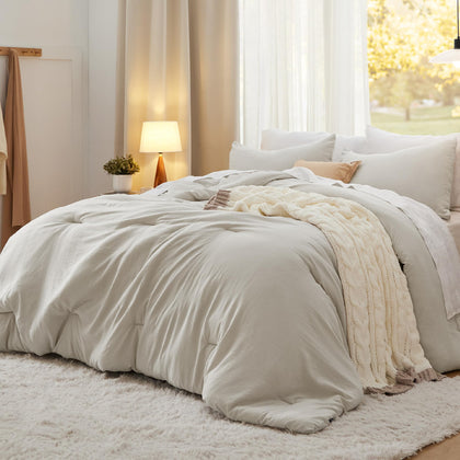 Bedsure King Size Comforter Set, Beige Soft Prewashed Bed Comforter for All Seasons, 3 Pieces Warm Bedding Sets, 1 Lightweight Comforter (104
