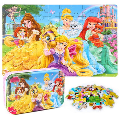 MZZOTOY Princess Puzzles for Kids Ages 4-8 60 Pieces Puzzles for Kids Ages 3-5 Princess Puzzle for Girls Toys Jigsaw Puzzles in a Metal Box Educational Puzzles (Princess)