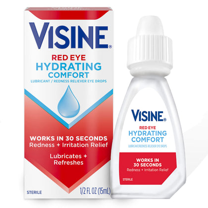Visine Red Eye Hydrating Comfort Redness Relief and Lubricant Eye Drops to Help Moisturize and Relieve Red Eyes Due to Minor Eye Irritations Fast, Tetrahydrozoline HCl, 0.5 fl. oz