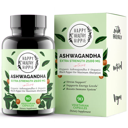 Organic Ashwagandha Capsules 2100mg - Stress Support Supplement - Extra Strength - 100% Herbal, Organic Ashwagandha Root Powder Extract w/ Black Pepper - Energy, Mood & Cortisol Manager, 90 Ct