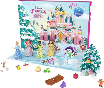 Mattel Disney Princess Toys, Advent Calendar with 24 Days of Surprises, Including 4 Princess Small Dolls, 5 Friends and 16 Accessories, Inspired by Mattel Disney Movies