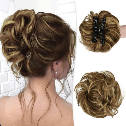 Claw Clip Messy Bun Hair Piece Real Human Hair Buns Wavy Curly Chignon Hair Bun Extensions Tousled Updo Hair Buns Claw Clip Ponytail Hairpieces with Clip for Women?Brown with Blonde Highlights 3?