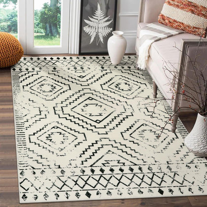 Wonnitar Moroccan 3x5 Area Rug,Washable White Non-Slip Entry Rug,Farmhouse Rustic Small Living Room Rug Tribal Non-Shedding Throw Mat Indoor Floor Carpet for Kitchen Bedroom Mud Room