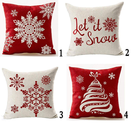 Set of 4 Happy Winter Beige Shadow Let It Snow Snowflakes in Red Merry Cotton Linen Throw Pillow Case Personalized Cushion Cover Decorative Square 18 Inches