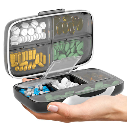 Airtight Pill Organizer Box Large Pill Dispenser Home Travel Essentials Supplement Holder Portable Vitamin Sorter Jumbo Size 8 Compartment Container Daily Medicine