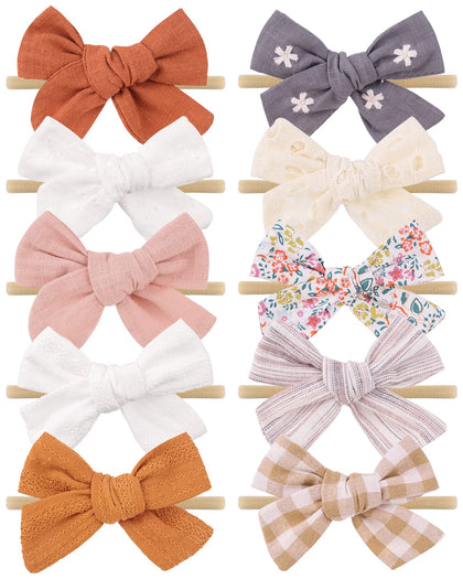 doboi 10PCS Baby Girls Headbands Hair Bows Nylon Linen Hairbands Handmade Hair Accessories for Newborn Infant Toddlers Little Girl and Kids 3.5Inches