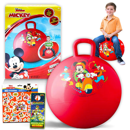 Disney Mickey Mouse Hopper Ball for Kids - Bundle with 15 Inch Mickey Bouncy Ball with Handle, Stickers, and More (Mickey Mouse Outdoor Toys)