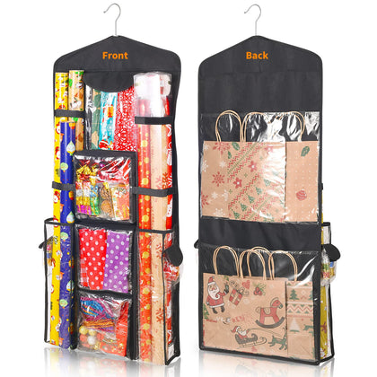 Freeote Hanging Gift Wrap Storage Organizer, 40x16 Inch Wrapping Paper Storage Hanging Gift Bag Organizer Station with Multiple Pockets, Black