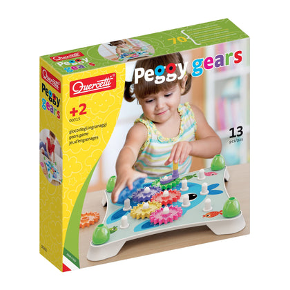 Quercetti Peggy Gears Toddler Toy - 7 Large Gears, Peg Board and 2-Sided Cards with 6 Scenes - Turn the Crank to Spin the Gears - Educational Play for Preschool kids ages 2-4 years