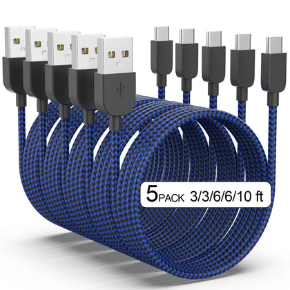 USB Type C Cable 5pack (3/3/6/6/10FT) Fast Charging 3.1A Quick Charge USB A to USB Type C Charger Cord for Samsung Galaxy S20 S10 S9 S8 A73 A51 A13, Note 20 10, LG G8 G7 Controller-Blue
