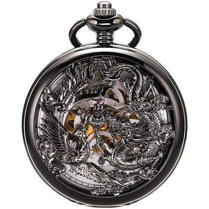 SIBOSUN Mechanical Pocket Watches Mens, Lucky Phoenix and Dragon, Skeleton Pocket Watch, Antique Roman Numerals Box Black Gold