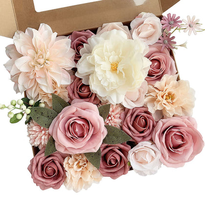 FACINOC Roses Artificial Flowers Pink Bouquets Box Set for DIY Bridal Wedding Shower Decorations Fake Floral Arrangements for Party Table Centerpieces Home Decor Indoor Outdoor Dusty Blush 19pcs