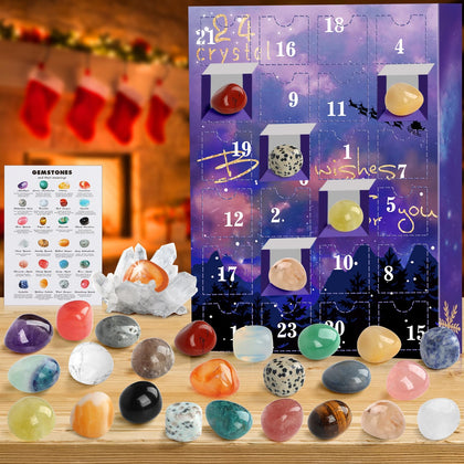 JELMOK Advent Calendar 2024, 24 Days Natural Healing Crystal Gemstones Minerals & Fossils Advent Calendar Crystals Christmas Calendar Enthusiasts Rocks Collection for Xmas Girls Boys Kids Men Women
