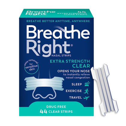 Breathe Right Nasal Strips | Extra Strength | Clear | For Sensitive Skin I Drug-Free Snoring Solution & Nasal Congestion Relief Caused by Colds & Allergies | 44 Count (Packaging May Vary)