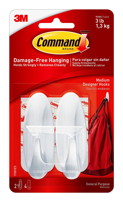 Command Medium Designer Hooks, Damage Free Hanging Wall Hooks with Adhesive Strips, No Tools Wall Hooks for Decorations in Living Spaces, 2 White Hooks and 4 Command Strips