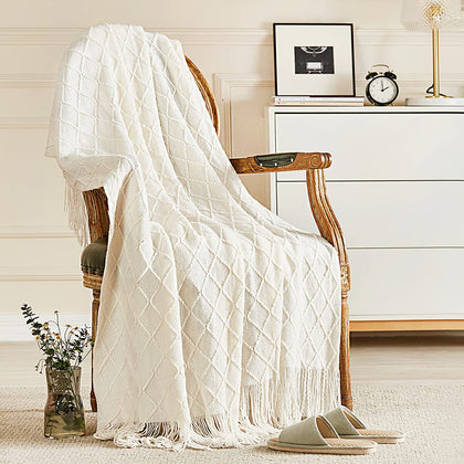 inhand Knitted Throw Blankets for Couch and Bed, Soft Cozy Knit Blanket with Tassel, Off White Lightweight Decorative Blankets and Throws, Farmhouse Warm Woven Blanket for Men and Women, 50