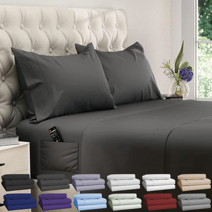 DREAMCARE King Size Sheets Set - Cooling Bed Sheets - 4pcs Set - King Sheets - Soft & Long Lasting 100% Fine Brushed Polyester with Side Pocket - Gray