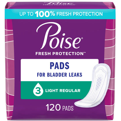 Poise Incontinence Pads & Postpartum Incontinence Pads, 3 Drop Light Absorbency, Regular Length, 120 Count (4 Packs of 30), Packaging May Vary