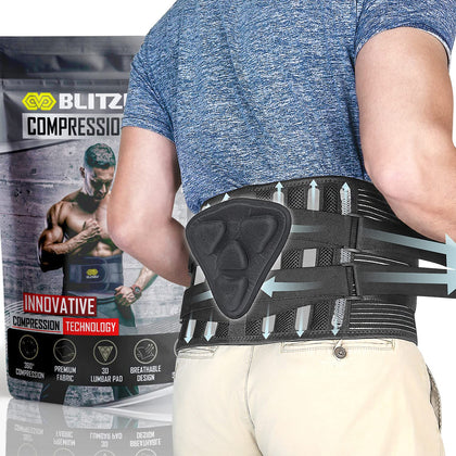 BLITZU Back support belt for men and women. Lumbar support, Sciatica pain relief, anterior pelvic tilt, waist back brace for weight lifting. Breathable with Adjustable Support Straps Size M