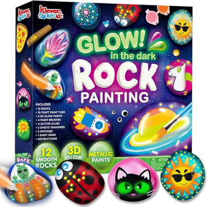 12 Rock Painting Kit, 43 Pcs Arts and Crafts for Kids Ages 4-8+, Art Supplies with 18 Paints (Glow in The Dark & Metallic & Standard), Craft Paint Kits, Kids Toy Gifts for Boys and Girls Ages 4+