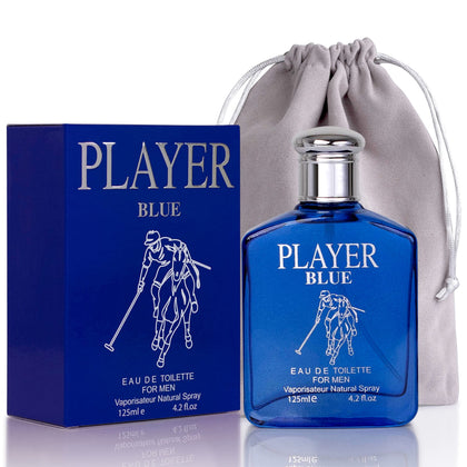 NovoGlow Player Blue for Men - 4.2 Fl Oz Eau De Parfum Spray for Men - Long-Lasting Citrusy Herbal & Woody Fragrances Smell Fresh All Day Long Includes Carrying Pouch Gift for Men on All Occasions