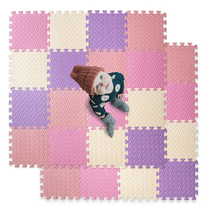 Tamiplay 16 Tiles Foam Play Mat for Baby, Soft & Safe EVA Foam Mats for Floor, Square Baby Play Mat, Solid Colored Kids Foam Puzzle Floor Mat, 50x50 Play Mat for Playpen(Purple/Pink/Loli Pink/Beige)