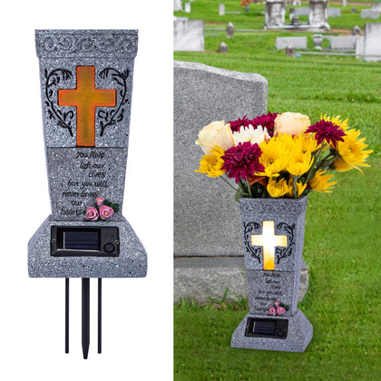 HUYIENO Solar Cemetery Grave Vase with LED for Fresh/Artificial Flowers Headstones Vases with Spikes Gravestone Decor Memorial Gifts for Loss of Loved One