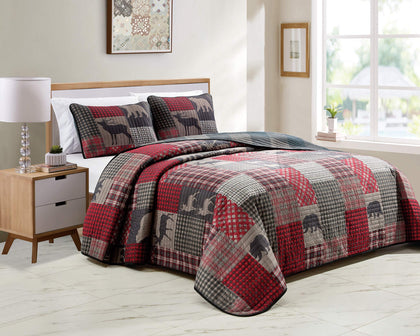 Rugs 4 Less Rustic Log Cabin Lodge Quilted Grey Charcoal Deep Red Reversible Plaid Bear Patchwork Bedspread Coverlet Bedding Set - Plaid Bear (Full Queen),Grey,red