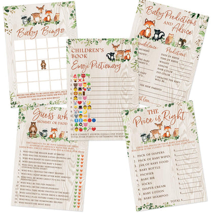 Printed Party Baby Shower Kit, Double-Sided Woodland Theme, 5 Games and Activities (50 Guests)