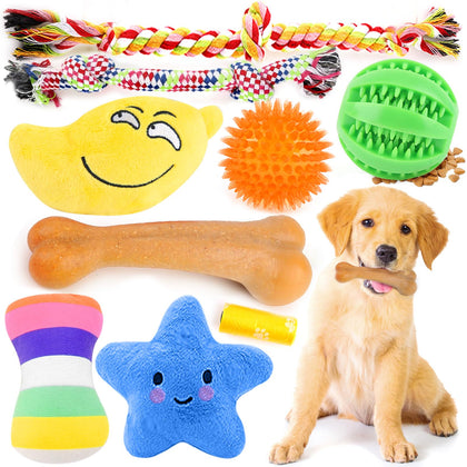 PUPTILY 9 Pack Dog Toys, Luxury Puppy Christmas Chew Toys for Teething, Cotton Squeaky Plush Toys for Small Dogs, Durable Interactive Treat Dog Ball and Bones, Rubber Rope Toys for Puppies Cleaning