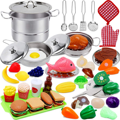 Toys for 3 4 Year Old Girls Boys,45PCS Stainless Steel Play Kitchen Accessories Toys for Girls,Play Food Sets for Kids Kitchen,Toddler Toys for Girl,Christmas Easter Valentines Day Gifts Toys for Kids