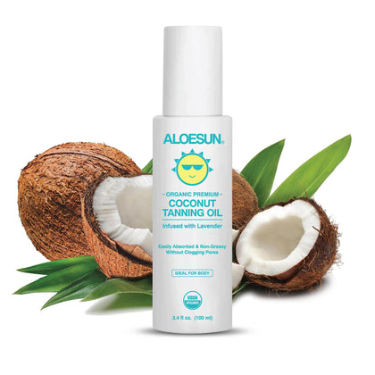 ALOESUN Organic Coconut Tanning Oil | Natural Liquid Moisturizer for Face and Body Massage | Fractionated Coconut Oil for Sun, Infused with Lavender | Outdoor Tan Accelerator Enhancer | Travel Size