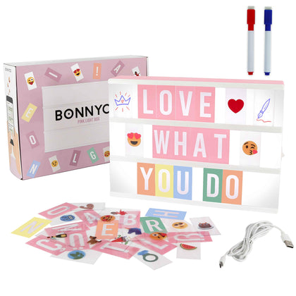 Pink Cinema Light Box with 400 Letters & Emojis & 2 Markers - BONNYCO | Led Light Box Home, Office & Room Decor | Light Up Sign Letters Board Gifts for Women & Girls Christmas & Birthdays | Pink Decor