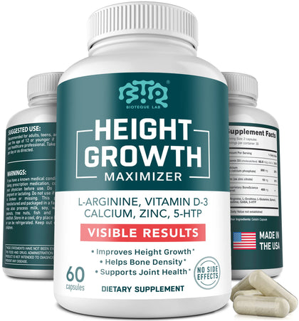 BIOTEQUE LAB Height Growth Maximizer, Calcium, Vitamin D3 and Zinc Blend Pills, Bone Growth Supplement for Kids and Teens, Bone Strength, Density Support, GMO-free, Gluten-Free, Made in USA, 60 Caps