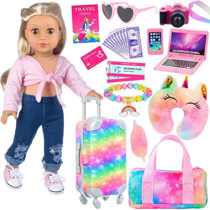 K.T. Fancy 23 PCS 18 Inch Girl Doll Accessories Suitcase Luggage Travel Set Including Rainbow Suitcase Rainbow Bag Camera Computer Cell Phone Neck Pillow Eye Mask Glasses Gift for Christmas(NO Doll)