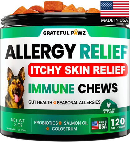 Dog Allergy Relief Chews - Dog Itch Relief - Probiotics, Omega 3 Fish Oil + Colostrum - Itchy Skin Relief - Seasonal Allergies - Anti Itch Support & Hot Spots - Immune Health Supplement - Made in USA