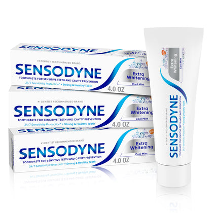 Sensodyne Extra Whitening Sensitive Teeth and Cavity Prevention Whitening Toothpaste, Amazon Exclusive, Cool Mint - 4 Ounces (Pack of 3)