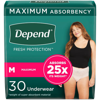 Depend Fresh Protection Adult Incontinence Underwear for Women (Formerly Depend Fit-Flex), Disposable, Maximum, Medium, Blush, 30 Count, Packaging May Vary