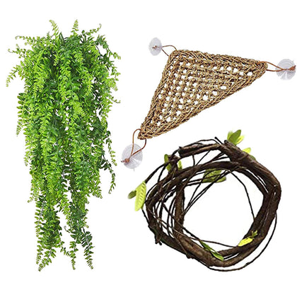 PINVNBY Bearded Dragon Tank Accessories,Reptile Plants Hanging Climbing,Lizards Habitat Natural Seagrass Hammock and Artificial Bendable Vines Branch for Chameleon Geckos Snake and Hermit Crabs