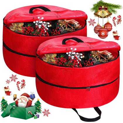 Double Layer Christmas Wreath Storage Container Bags Double Wreath Storage Container Zippered Wreath Bag with Handle Festive Wreath Storage Box Storage for Xmas Wreath Garlands, Red (2 Pcs, 30 Inch)