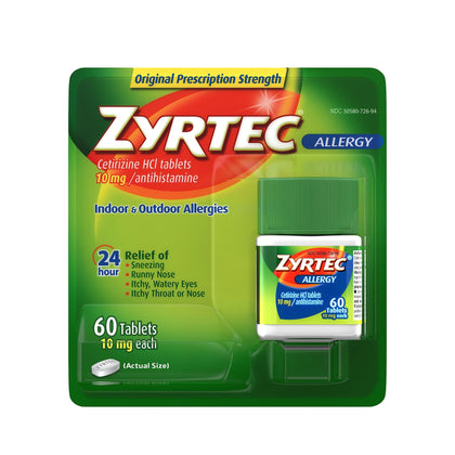 Zyrtec 24 Hour Allergy Relief Tablets, Indoor & Outdoor Allergy Medicine with 10 mg Cetirizine HCl per Antihistamine Tablet, Relief from Runny Nose, Sneezing, Itchy Eyes & More, 60 ct