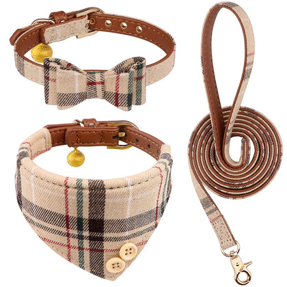 3 PCS Dog Collars for Small Puppy Collar and Leash Set, Bow Tie with Bell, Bandana Leather for Small Dogs Puppies and Cats(Beige)