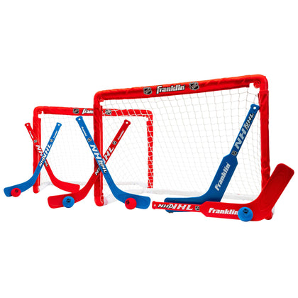 Franklin Sports NHL Kids Mini Hockey Goal Set - (2) Mini + Knee Hockey Goals, (4) Youth Sticks, (2) Goalie Sticks + (4) Foam Balls - Knee + Hockey Set