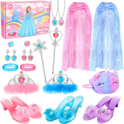 Fedio Princess Dress Up Shoes Set Little Girls Role Play Shoes Pretend Princess Gift Toy Set with 3 Pairs of Shoes,Princess Cape,Crown Tiaras,Unicorn Purse for Girls Aged 3,4,5,6 Birthday Christmas