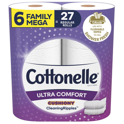 Cottonelle Ultra Comfort Toilet Paper with Cushiony CleaningRipples Texture, Strong Bath Tissue, 6 Family Mega Rolls (6 Family Mega Rolls = 27 Regular Rolls), 325 Sheets per Roll White