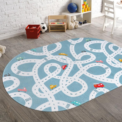 STARUIA Large Kids Playroom Rug, 4'x6' Washable Road Rug for Nursery, Non-Slip Fun Area Rug for Kids Room, Blue Car Rug Play Mat Soft Baby Carpet for Boys Girls Dorm Toy Room Tent